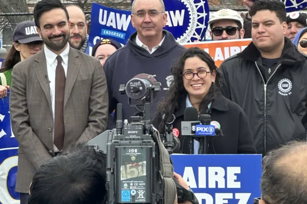 Claire Valdez, joined by NYC Mayor Zohran Mamdani, UAW President Shawn Fain, and Region 9A Director Brandon Mancilla