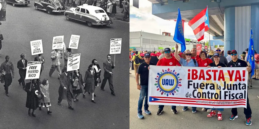 District 65 members marching in 1948 / UAW members in Puerto Rico in 2026