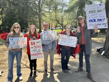 WOAW members on strike at the 2025 Boston Marathon